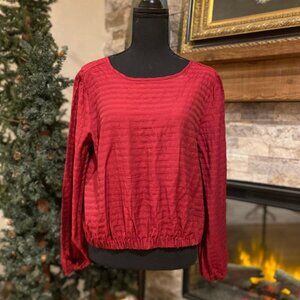 LOFT Women's Red Burgundy Striped V Back Top Blouse Long Sleeve Sz M PERFECT!